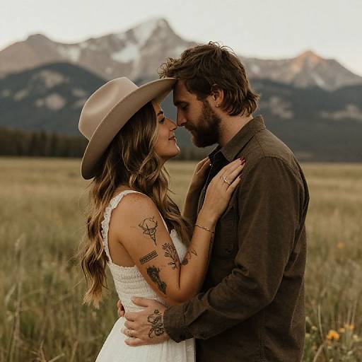 Photograph of a tattooed couple in a field, kissing passionately. She wears a white dress and brown hat; he dons a brown shirt.