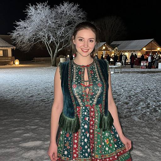 Photograph of a smiling young woman in a festive, star-patterned green dress with black fringe vest, standing in a snowy, nighttime village with illuminated