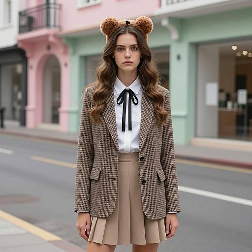 Young Woman in Clueless-Inspired Outfit with Bear Ears Headband
