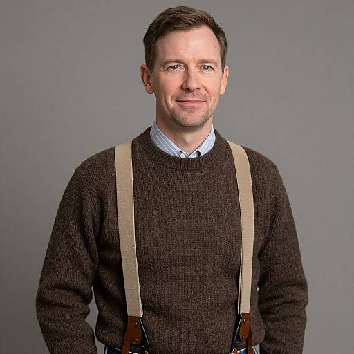 Man in Brown Sweater with Suspenders