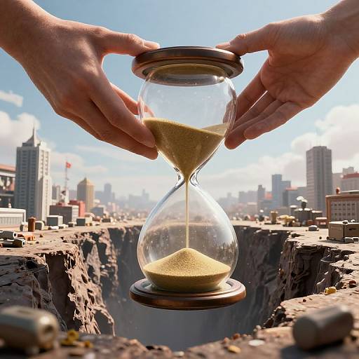 Photograph of hands holding hourglass over urban cityscape, with buildings and sky in background, sand slowly flowing down into a deep, rocky chasm