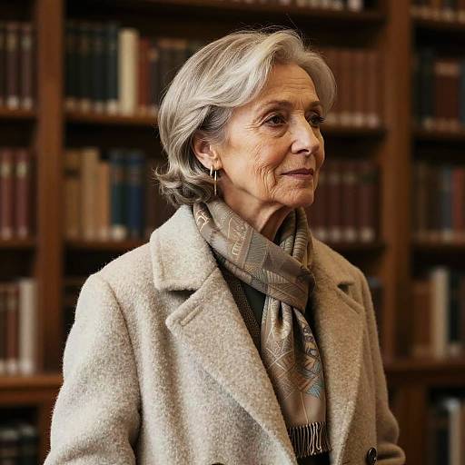 Photograph of an elderly woman with gray hair, wearing a beige coat and patterned scarf, standing in a library with bookshelves in the background