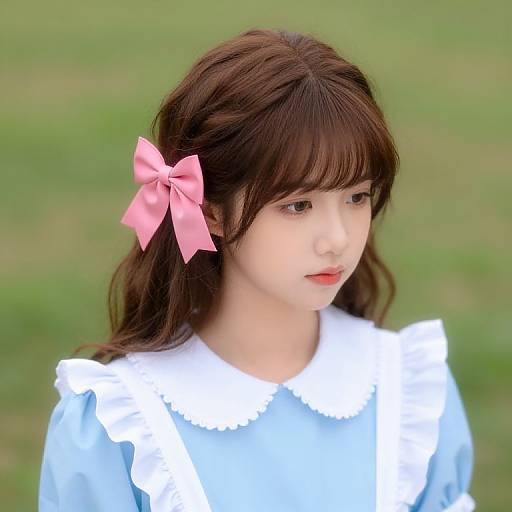 Girl in Blue Dress with Pink Bow