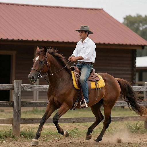 Focused Man Riding Brown Horse by Fence