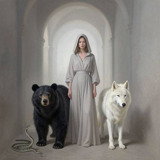 Photograph of a woman in a white hooded dress standing in a stone archway, flanked by a black bear and white wolf.