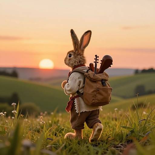 Photograph of a small, anthropomorphic rabbit wearing medieval-style clothing, carrying a backpack and rifle, walking in a grassy field at sunset.