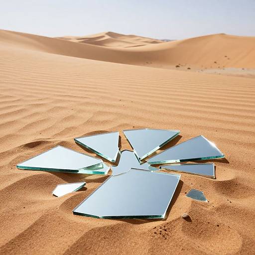 Mirrored glass pieces scattered in a sunlit, rippled desert sand dune with golden hills in the bright background.