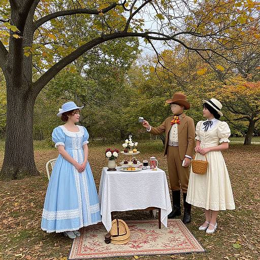 Photograph of three people in vintage attire, standing outdoors under a tree with autumn foliage, around a picnic table with tea and cake.