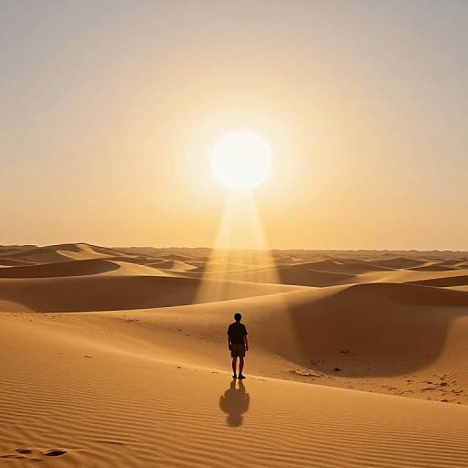 Silhouetted person walking in vast, sunlit desert with golden sand dunes and a bright, low sun casting long shadows. Photograph.