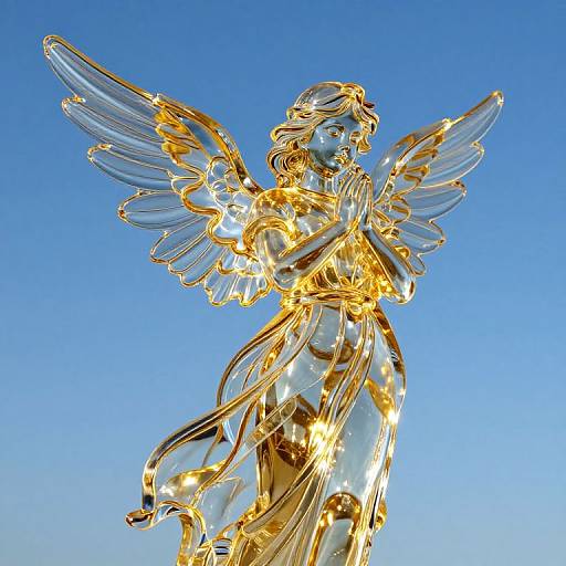 Glowing gold angel statue with detailed wings, holding hands together, set against a clear blue sky, photograph.
