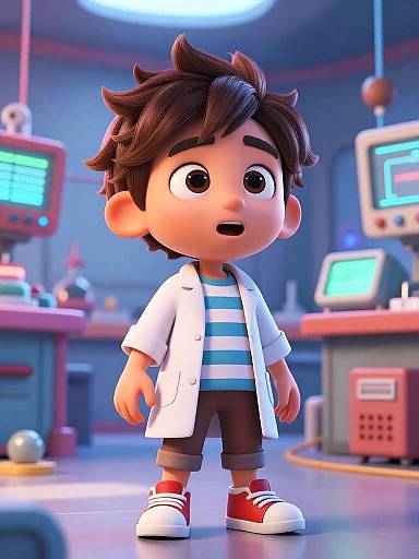 CGI cartoon of a curious, wide-eyed boy with dark hair in a white lab coat, striped shirt, and red sneakers, standing in a futuristic