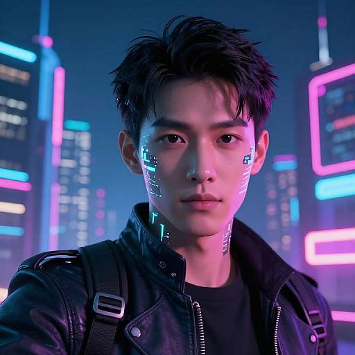 Cyberpunk portrait of an Asian man with black hair, glowing neon patterns on his face, wearing a black leather jacket, in a neon-lit