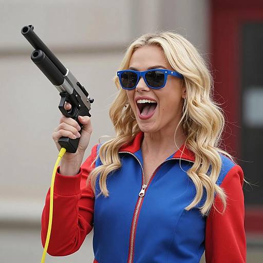 Excited Blonde Woman with Pipe Gun