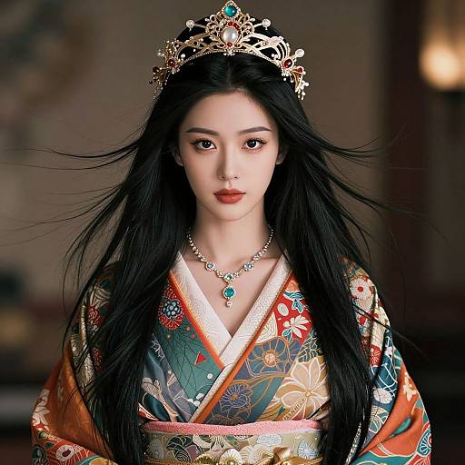Photograph of an East Asian woman with long black hair, wearing an ornate floral kimono, jeweled necklace, and intricate crown, set against