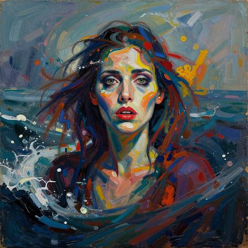 Vivid, expressionist painting of a distressed woman with wild hair, red lips, and intense gaze, surrounded by turbulent, splashing waves.
