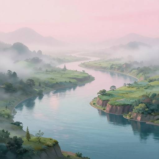 Photograph of a serene, misty landscape featuring a winding river flanked by lush green cliffs, reflective water, and scattered trees.