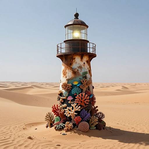 Photorealistic CGI: Rusty lighthouse in desert, surrounded by colorful coral and sea anemone, illuminated by warm light, bright blue sky