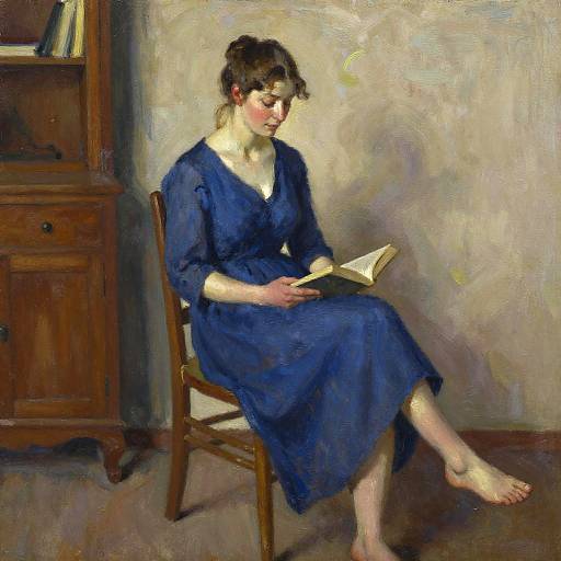 Impressionist painting of a fair-skinned woman with dark hair in a blue dress, reading a book while seated on a wooden chair. Background includes
