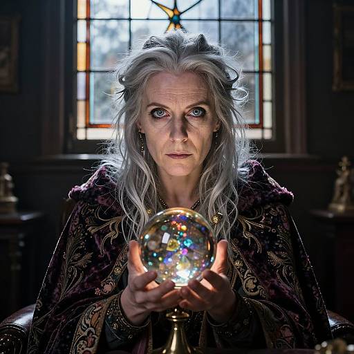 Photograph of an elderly woman with long, wavy white hair, holding a colorful crystal ball in a dimly lit, ornate room with stained