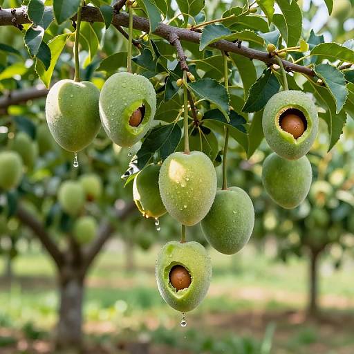 Photograph of green, pear-shaped pomegranates with water droplets, hanging from a tree branch, with blurred green foliage and sunlight in the