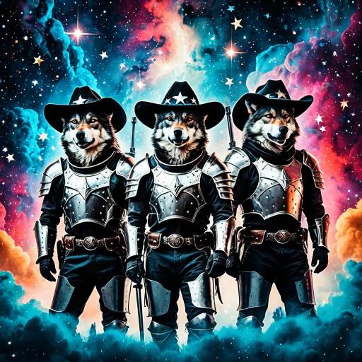 Wolves in Knight Armor and Cowboy Hats in Space