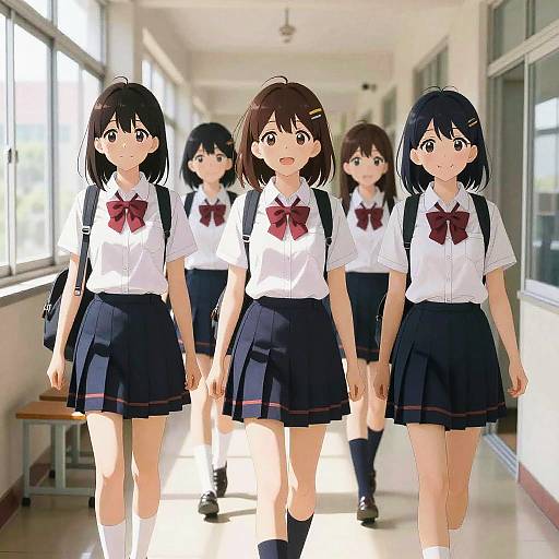 Digital anime artwork of five Japanese schoolgirls in white shirts and dark blue skirts with red bows, walking down a sunlit hallway.