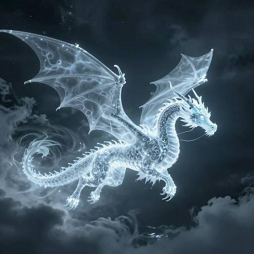 Digital art of a glowing, ethereal white dragon with translucent wings soaring through a dark, cloudy night sky.