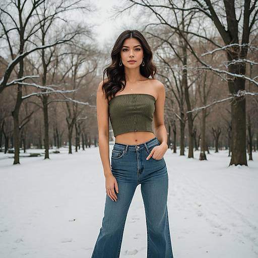 Woman in Tube Top and Wide-Leg Jeans in Snowy Urban Park