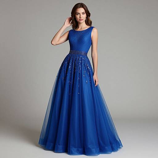 Photograph of a slender woman with wavy brown hair wearing a sleeveless, royal blue, full-length, tulle gown with sparkling embellishments,