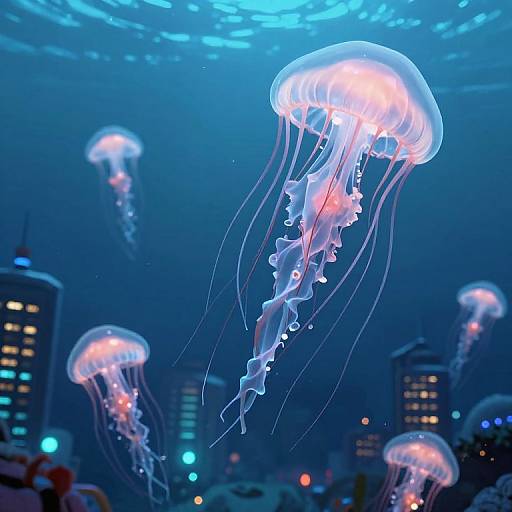 Photograph of glowing blue and pink jellyfish floating in an aquarium, surrounded by dark, illuminated cityscape buildings in the background.