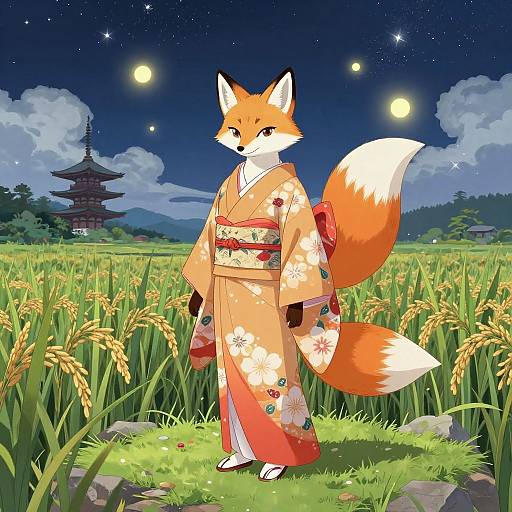 Digital anime-style illustration of an orange fox in a floral kimono standing in a moonlit rice field, with a traditional Japanese pagoda in the background