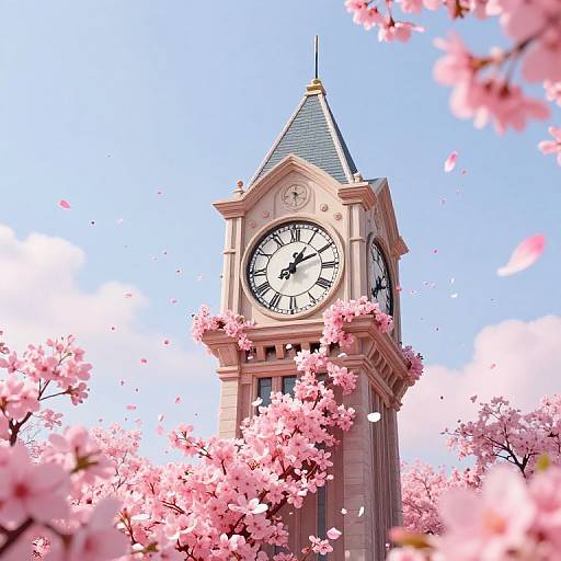 Photograph of a tall, pink clock tower with a black and white clock face, surrounded by blooming pink cherry blossoms against a clear blue sky