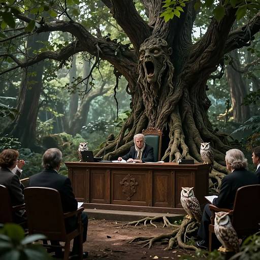 Photograph of an elderly man in a dark suit, speaking at a wooden podium in a mystical forest, surrounded by large owls and a towering,