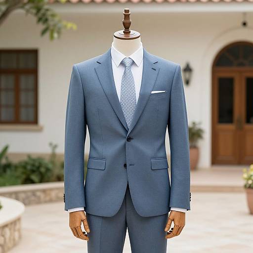 Photograph of a mannequin wearing a tailored blue suit, white shirt, and silver patterned tie, standing outdoors in front of a white house