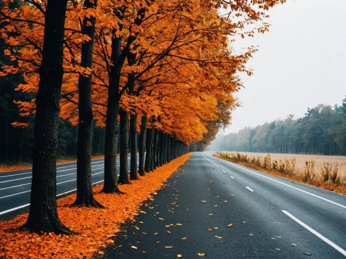 Autumn Road with Orange Trees Wallpaper