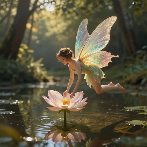 Photograph of a fairy with iridescent wings, brown hair, and green dress, leaning on a pink lotus flower in a sunlit forest