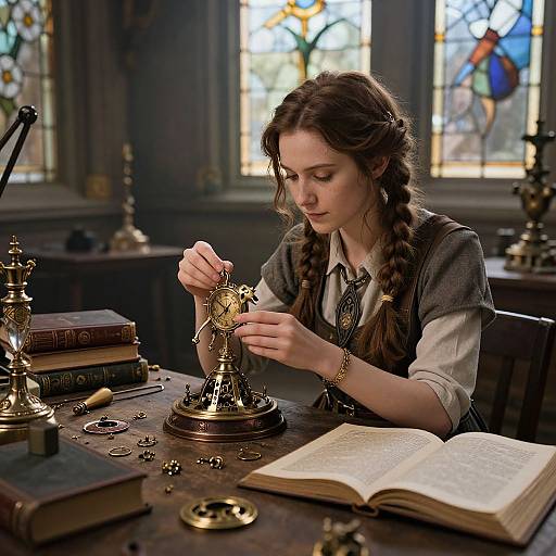 Young woman with braided hair, Victorian attire, repairs antique brass clock in dimly lit study with stained glass windows, books, and jewelry scattered on