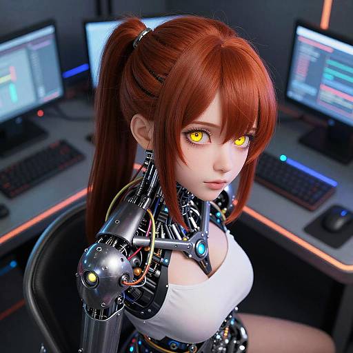 CGI image of a red-haired cybernetic woman with glowing yellow eyes, white top, and black robotic arm, seated at a glowing computer workstation