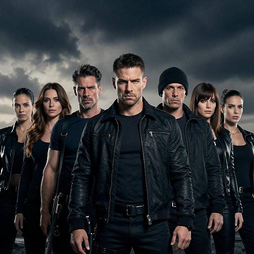 Serious Group in Dark Clothing Under Moody Sky