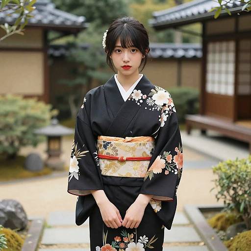 Young Woman in Black Floral Kimono in Japanese Garden