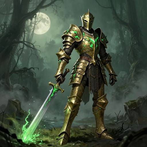 Digital artwork of a golden-armored knight with glowing green accents, holding a neon-green sword, standing in a dark, misty forest under a full