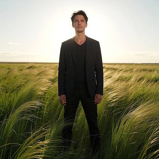 Photograph of a tall, slim, dark-haired man in a black suit standing in a sunlit, grassy field with a bright sky.