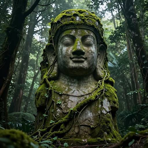Photograph of a moss-covered, serene stone Buddha head statue in a dense, misty forest, with vines and greenery enveloping it.