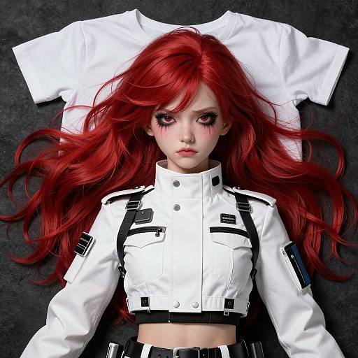 Digital art of a pale-skinned anime girl with vibrant red hair, wearing a white, black-striped military-style crop top, lying on a dark background