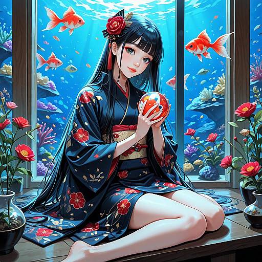 Serene Girl in Floral Kimono