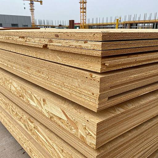 Photograph of a stack of wooden planks with visible grain and texture, taken at an industrial construction site with cranes in the background.