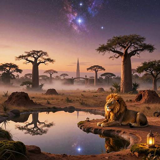 Golden-Winged Lion in Mystical Savanna