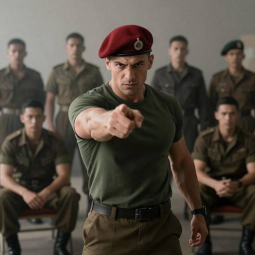 Intense Soldier Leadership in Dim Room