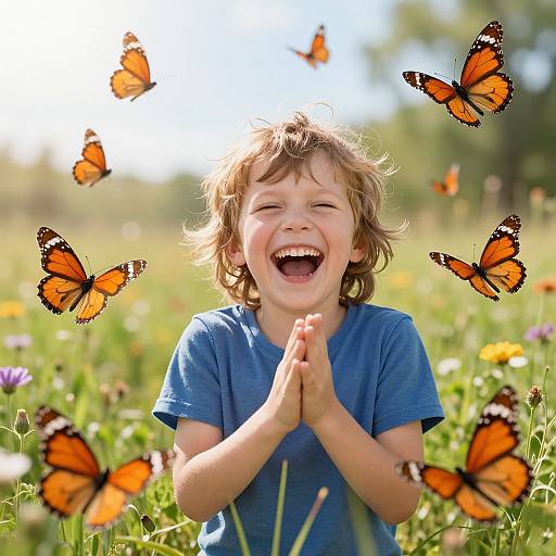 Joyful young boy with messy brown hair in blue shirt, hands clasped in delight, surrounded by six orange butterflies in sunny meadow. Photograph.