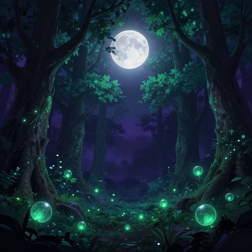 Digital art of a mystical forest at night, illuminated by a full moon and glowing green fireflies, framed by twisted trees.